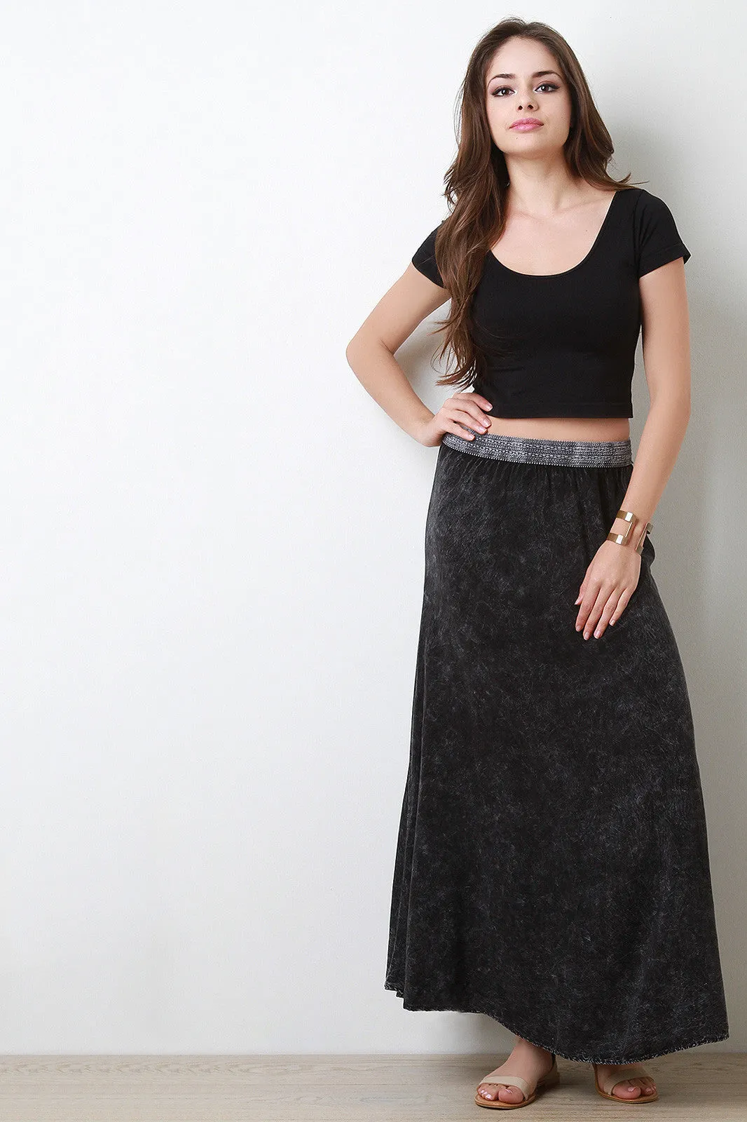 Acid Wash Crochet Band Maxi Skirt