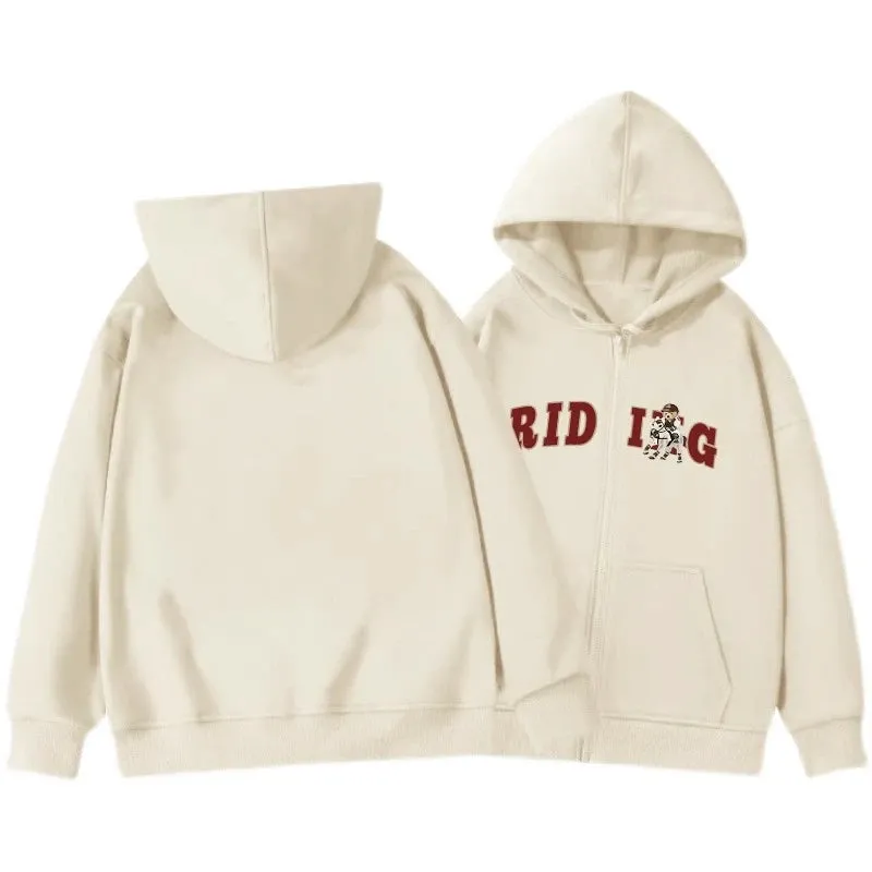 Basic Hooded Drawstring Chic Letter Printing Women Hoodies Winter Solid Color Simple Casual Zipper Fashion Female Hoodies