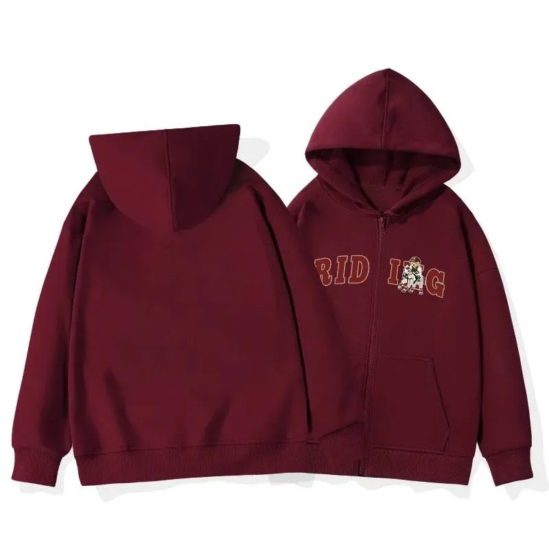 Basic Hooded Drawstring Chic Letter Printing Women Hoodies Winter Solid Color Simple Casual Zipper Fashion Female Hoodies