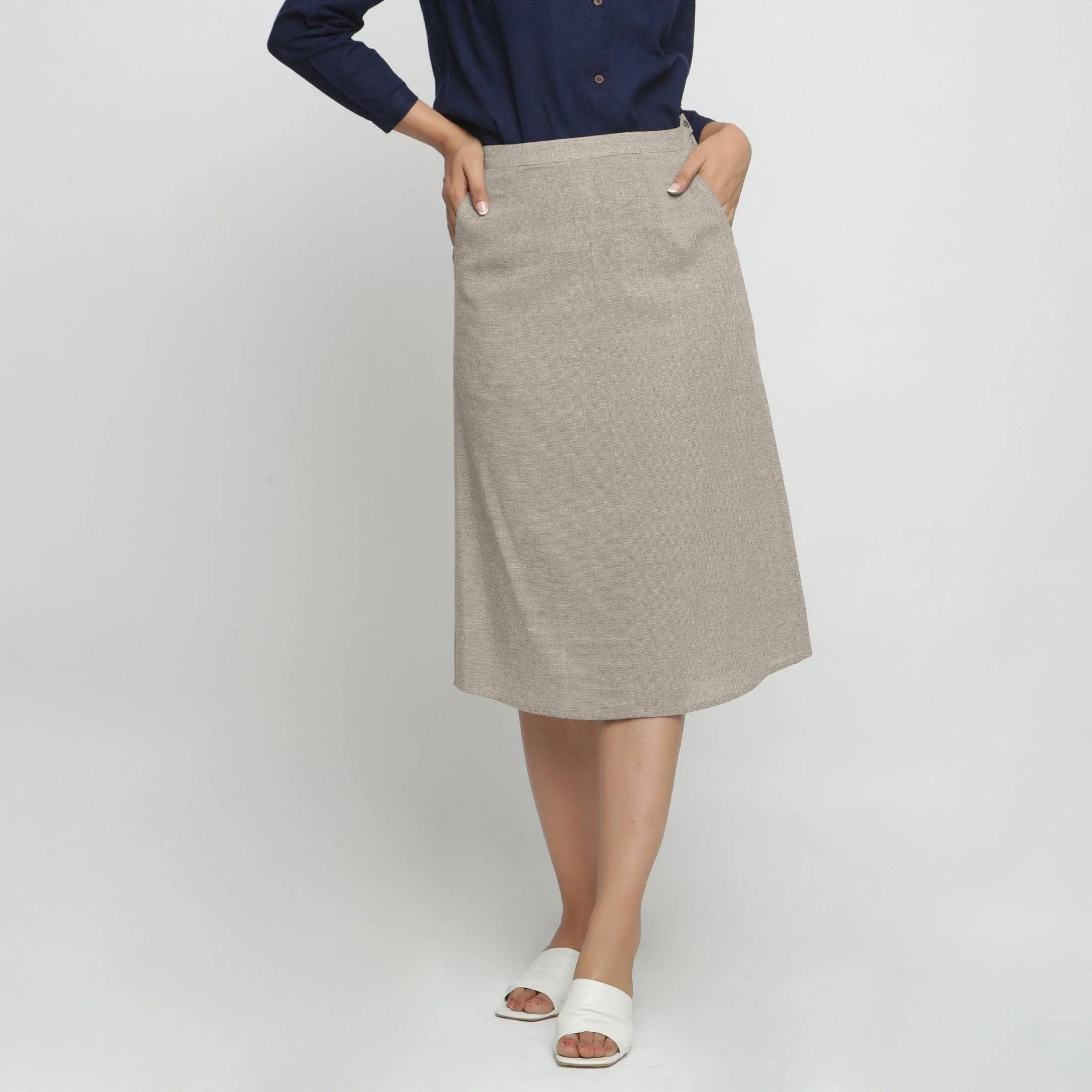 Beige Yarn Dyed 100% Cotton Mid-Rise Midi Skirt