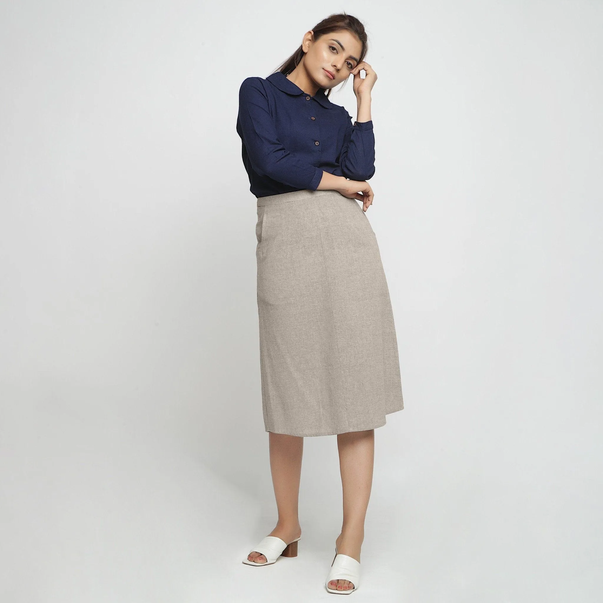 Beige Yarn Dyed 100% Cotton Mid-Rise Midi Skirt