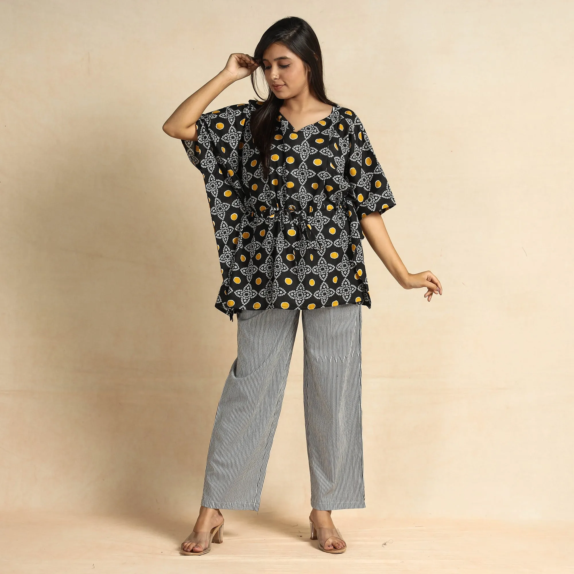 Black - Jaipur Screen Printed Cotton Kaftan & Pyjama Night Suit Set