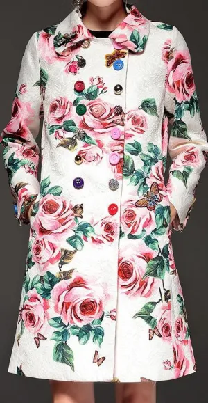 Button-Embellished Rose Printed Pea Coat