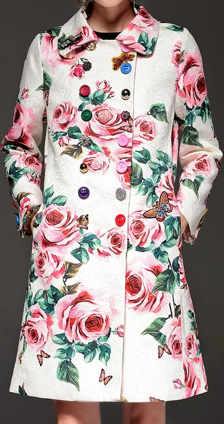 Button-Embellished Rose Printed Pea Coat