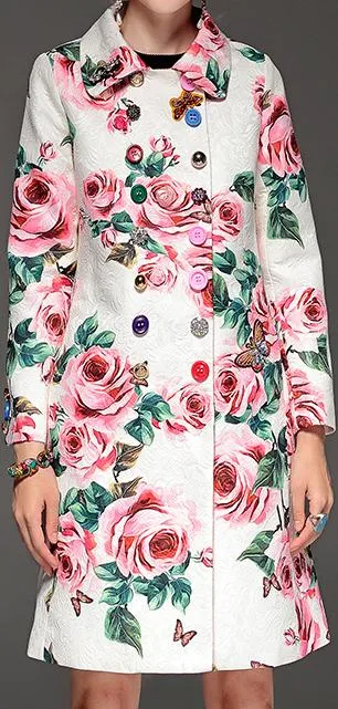 Button-Embellished Rose Printed Pea Coat