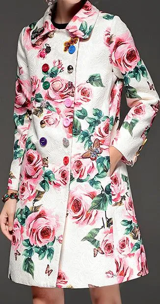 Button-Embellished Rose Printed Pea Coat