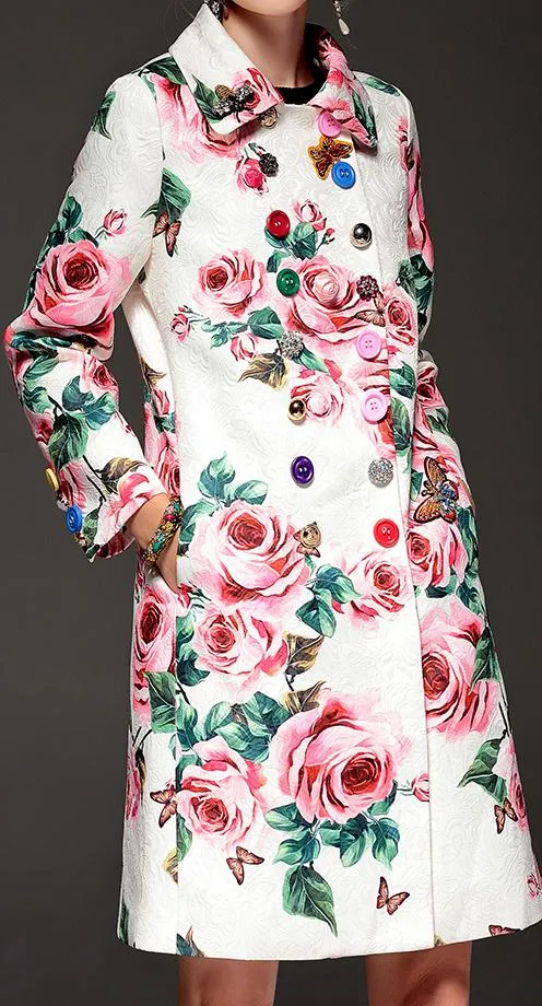 Button-Embellished Rose Printed Pea Coat