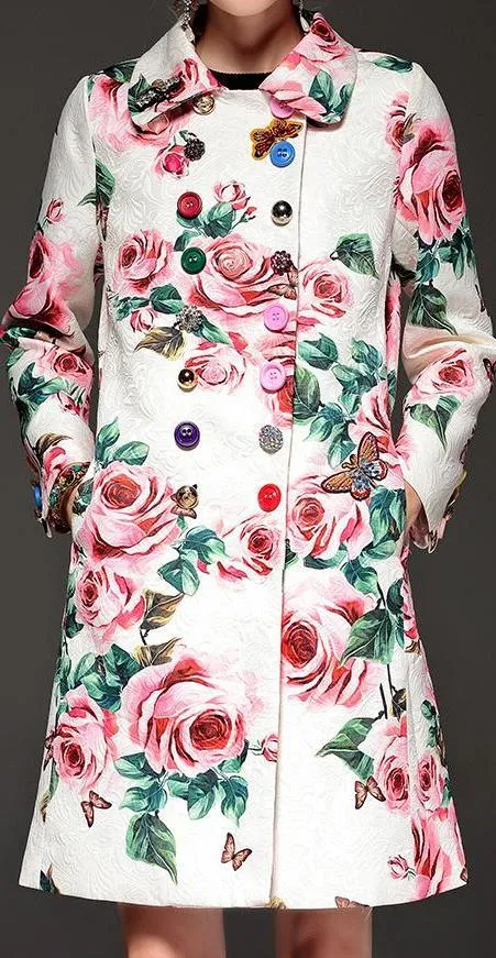 Button-Embellished Rose Printed Pea Coat