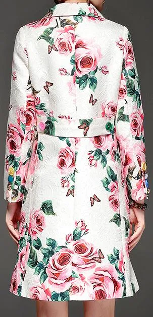 Button-Embellished Rose Printed Pea Coat