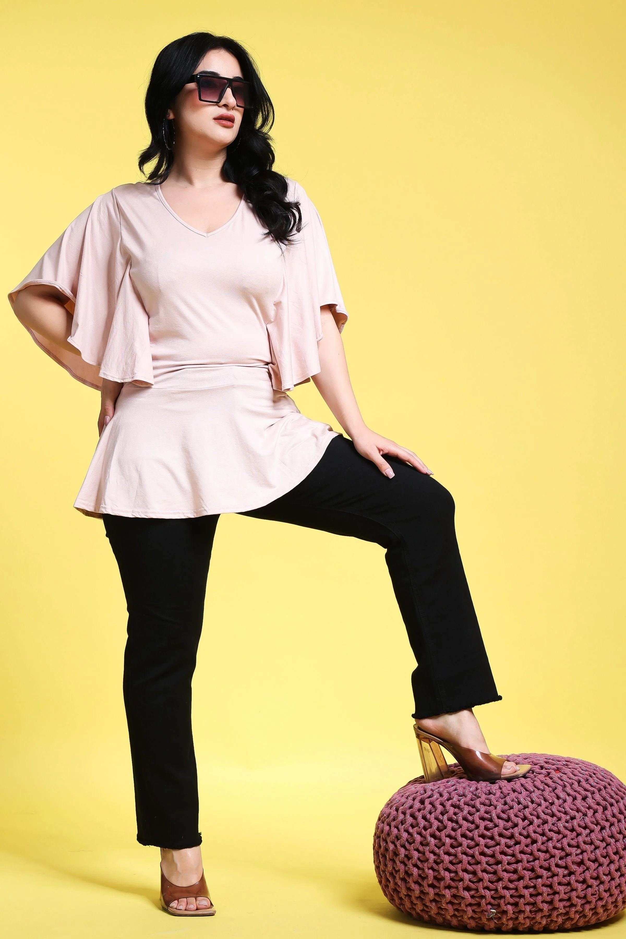 Cream Pink Solid Kaftan Style Top