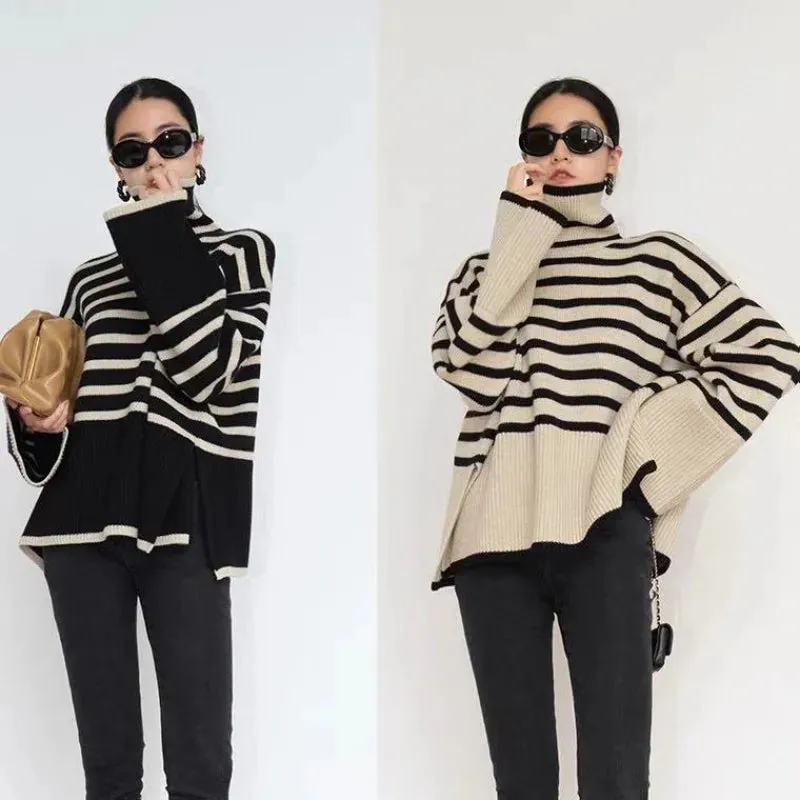 Ivyshape | Cozy Striped Turtleneck Sweater for Women