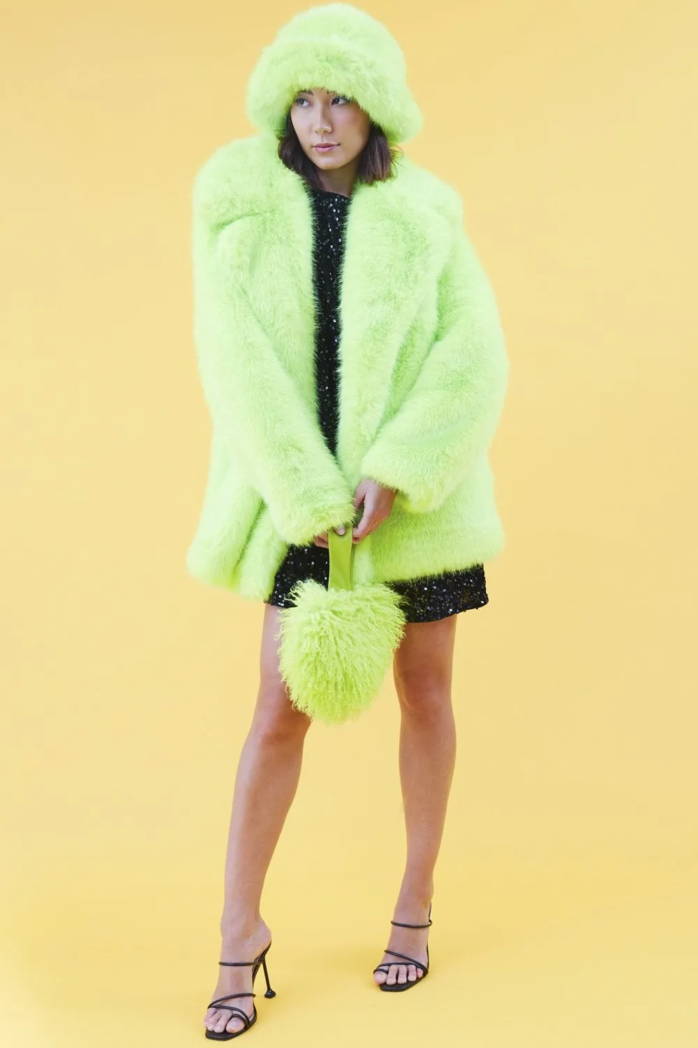 JAYLEY Faux Fur Lime Green Midi Coat