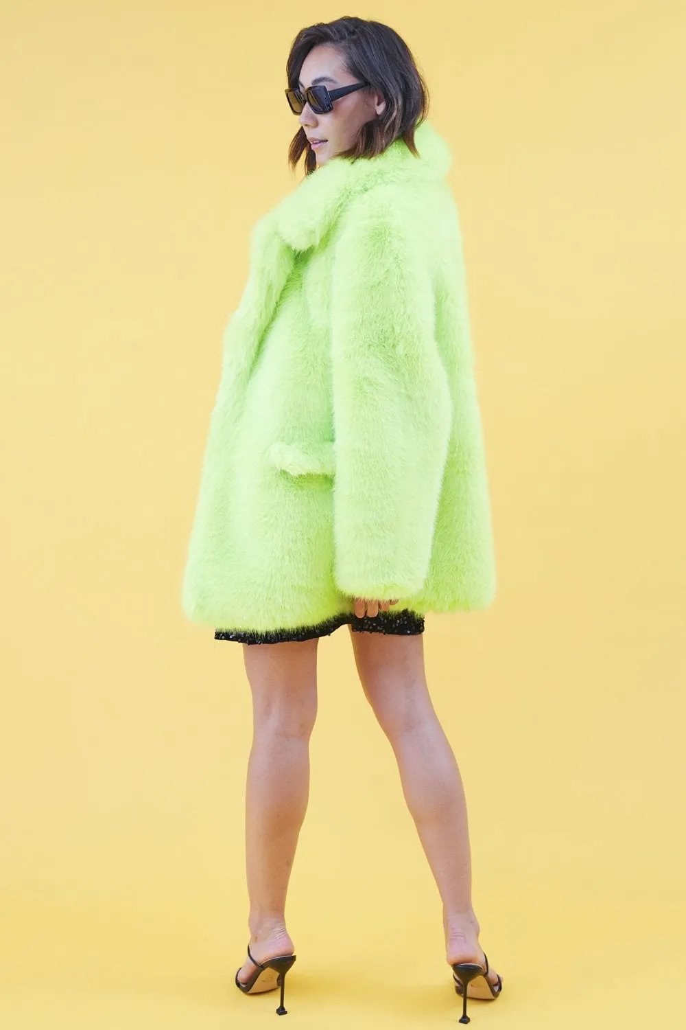 JAYLEY Faux Fur Lime Green Midi Coat