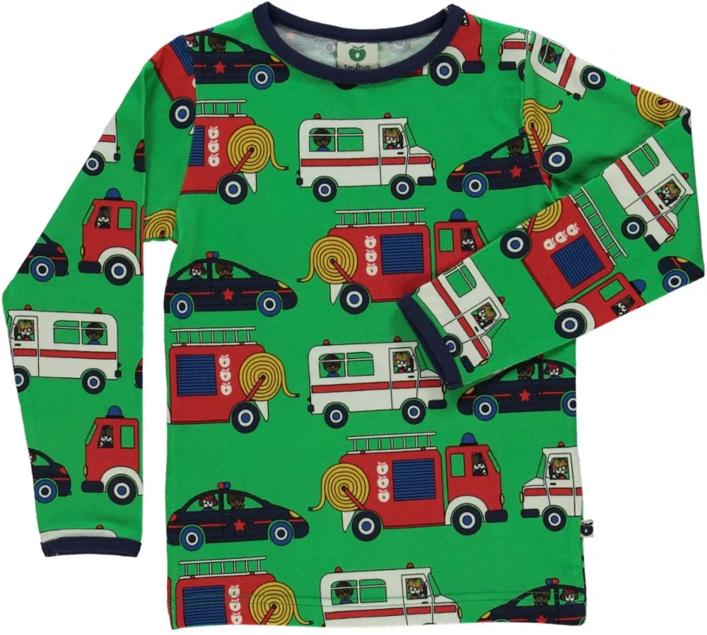 Long sleeved top with emergency vehicles