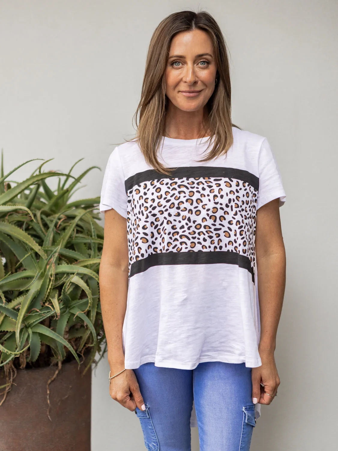 Maggie Leopard Tee - White with Black Stripe