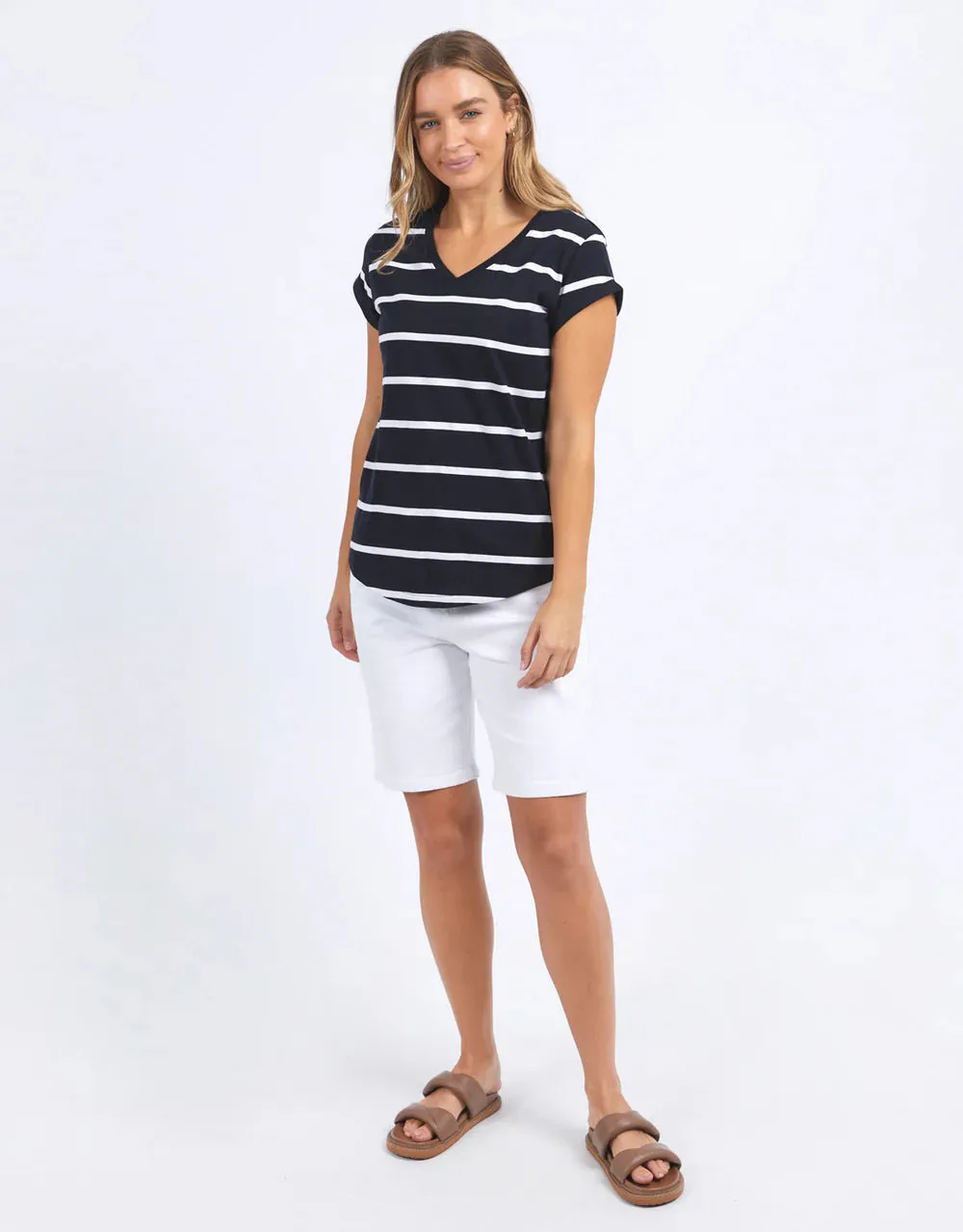 MANLY STRIPE VEE TEE - NAVY