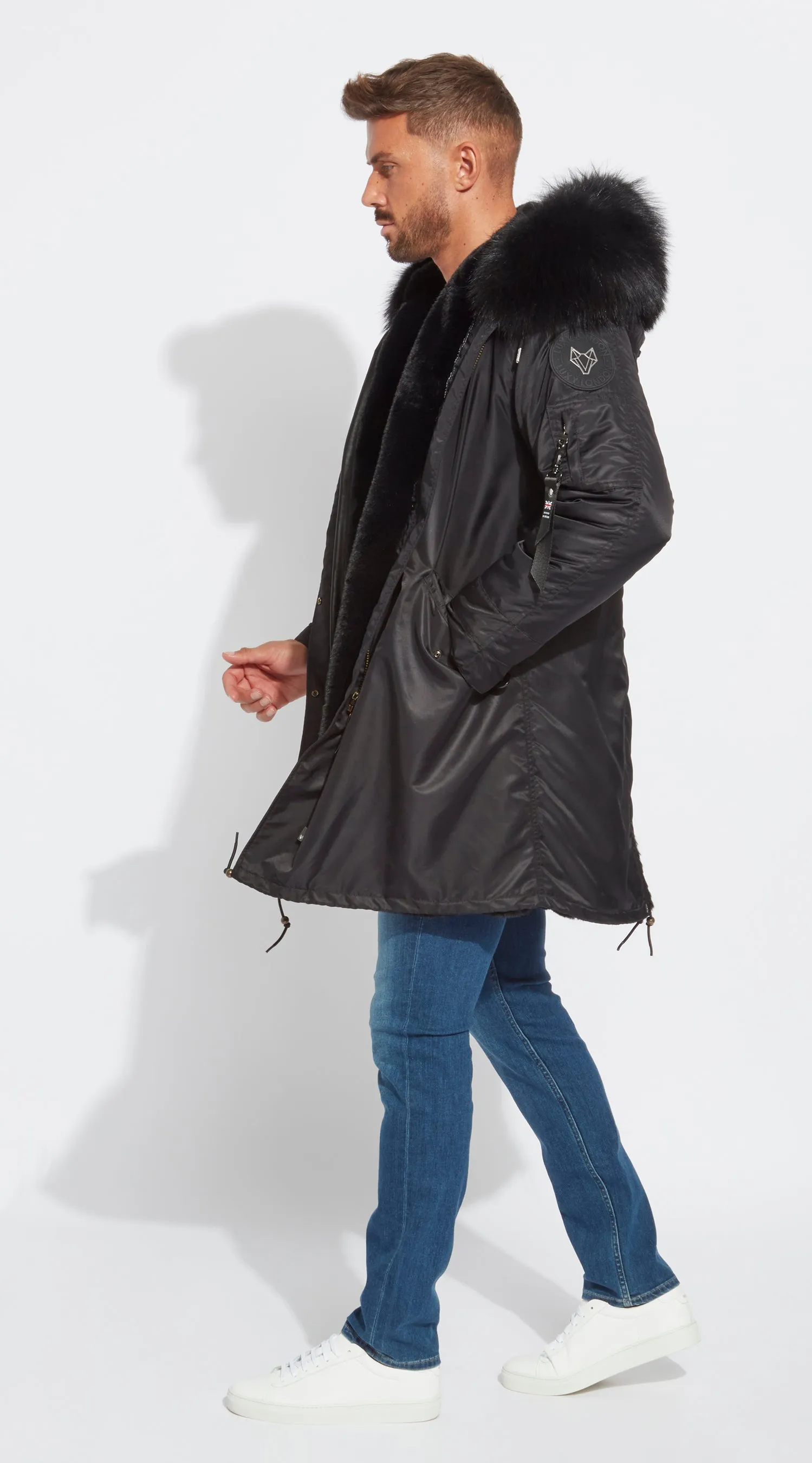 Mens Black Water-Repellent Luxy Fur Parka - 3/4 Black