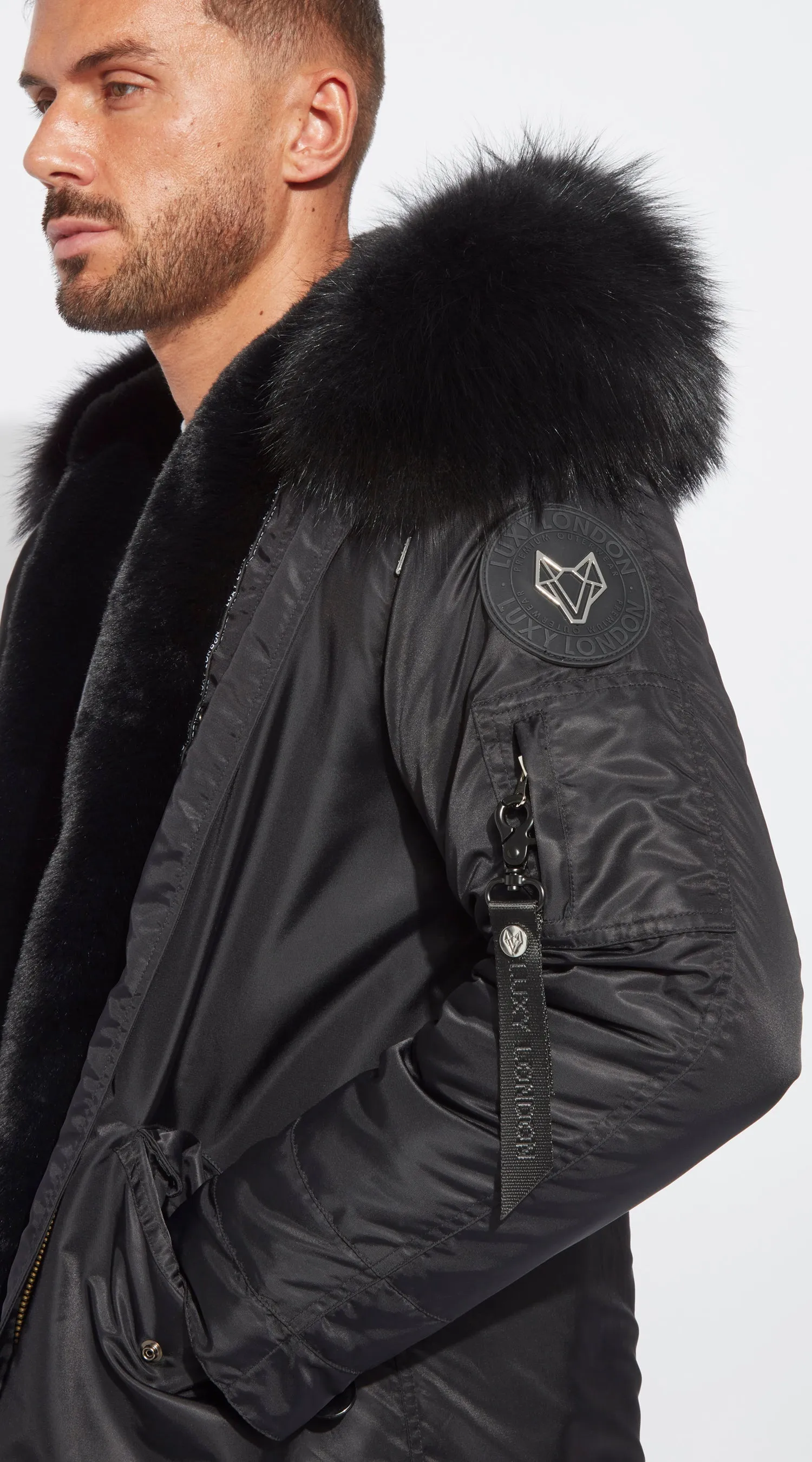 Mens Black Water-Repellent Luxy Fur Parka - 3/4 Black