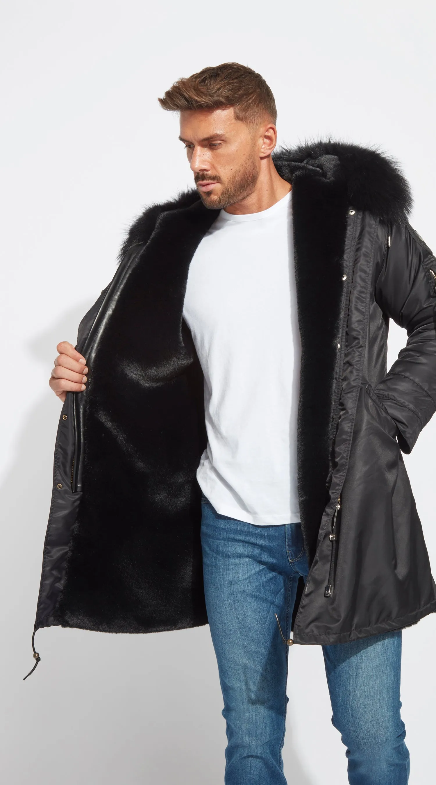 Mens Black Water-Repellent Luxy Fur Parka - 3/4 Black