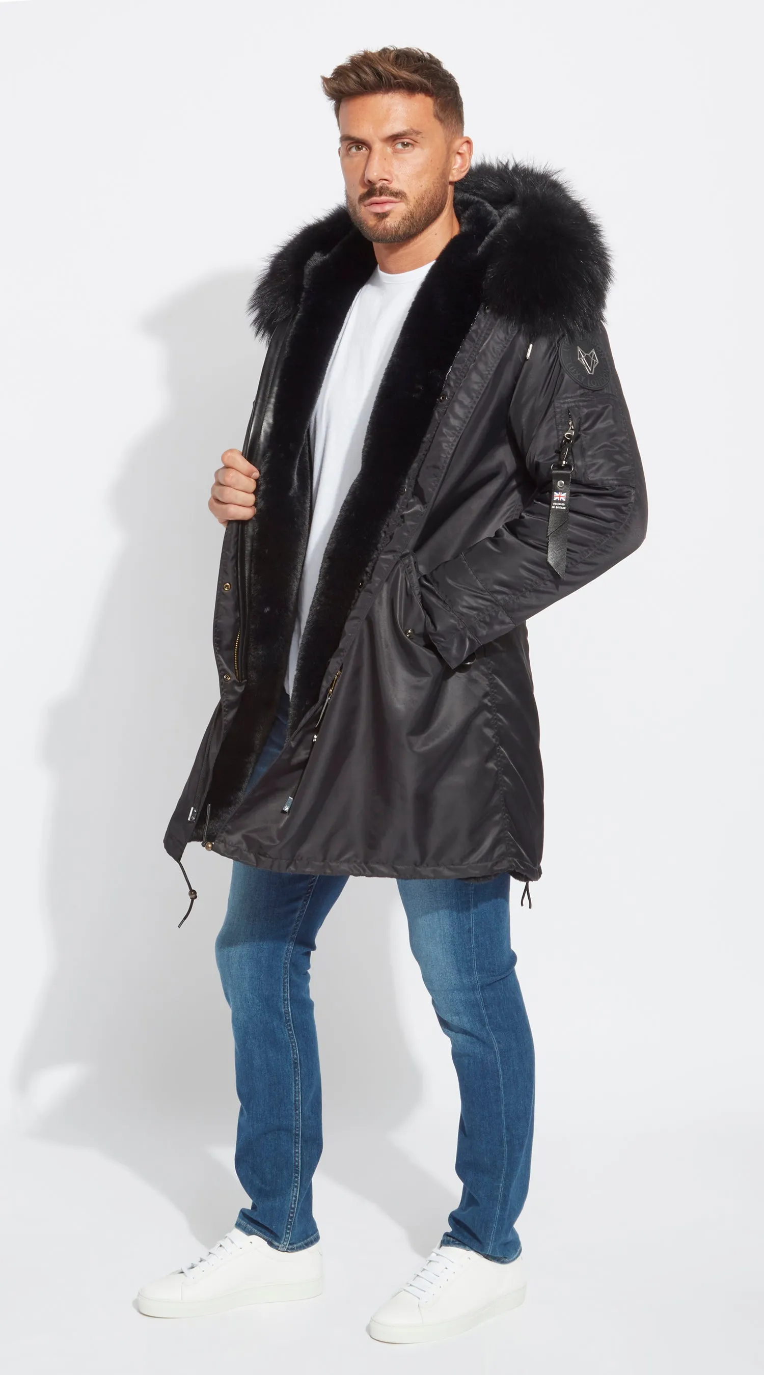 Mens Black Water-Repellent Luxy Fur Parka - 3/4 Black