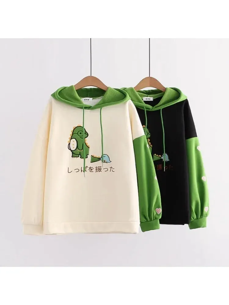 Metaversmall Harajuku Kawaii Hoodies Cartoon Dinosaur Print Casual Women Winter Warm Fleece Hooded Cotton Sweatshirt Teen Girls Cute Top