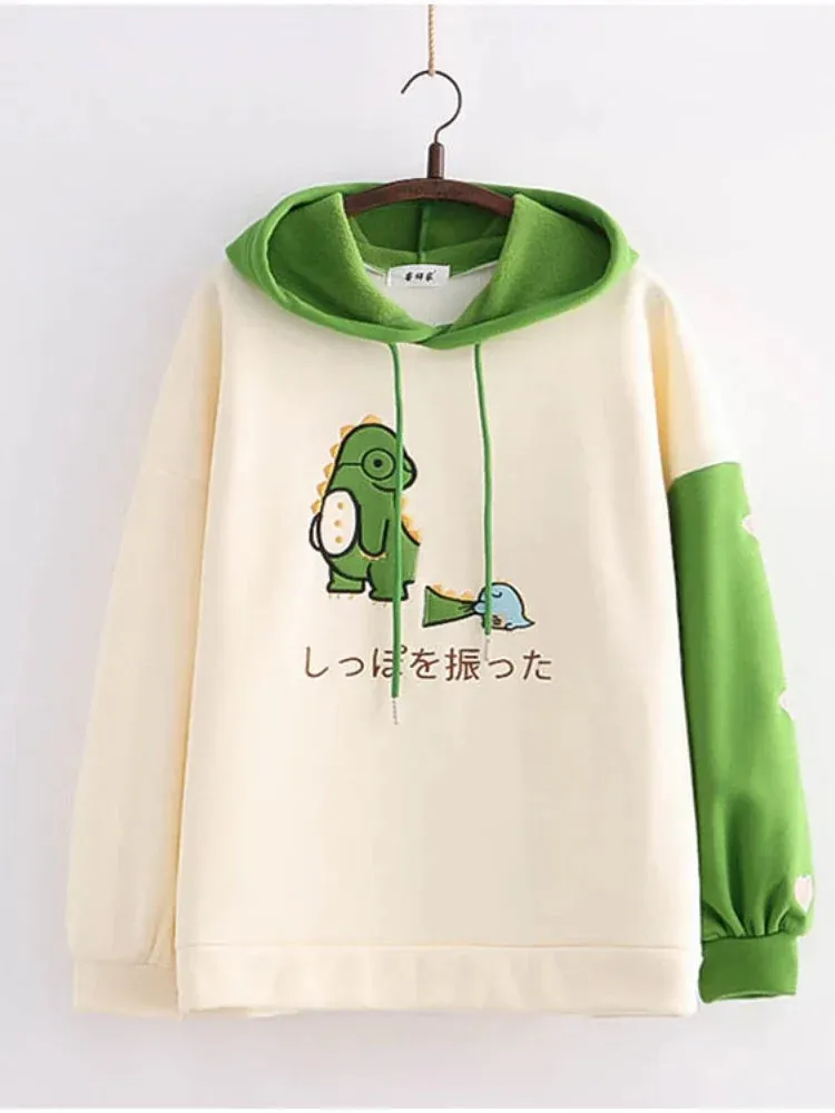 Metaversmall Harajuku Kawaii Hoodies Cartoon Dinosaur Print Casual Women Winter Warm Fleece Hooded Cotton Sweatshirt Teen Girls Cute Top