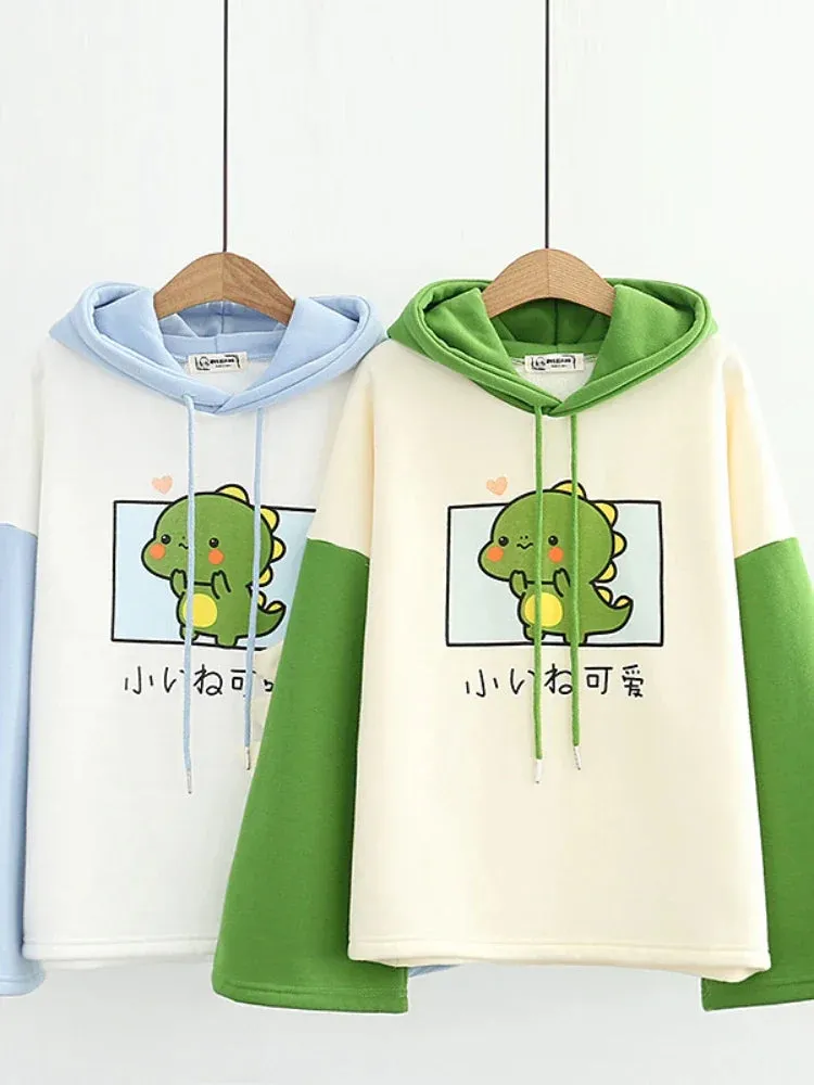 Metaversmall Harajuku Kawaii Hoodies Cartoon Dinosaur Print Casual Women Winter Warm Fleece Hooded Cotton Sweatshirt Teen Girls Cute Top