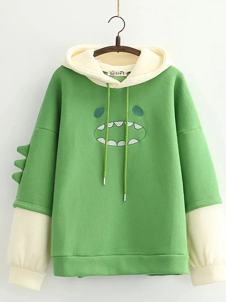 Metaversmall Harajuku Kawaii Hoodies Cartoon Dinosaur Print Casual Women Winter Warm Fleece Hooded Cotton Sweatshirt Teen Girls Cute Top