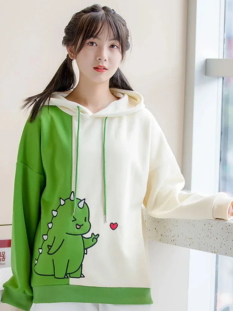 Metaversmall Harajuku Kawaii Hoodies Cartoon Dinosaur Print Casual Women Winter Warm Fleece Hooded Cotton Sweatshirt Teen Girls Cute Top