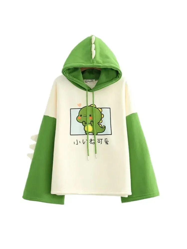 Metaversmall Harajuku Kawaii Hoodies Cartoon Dinosaur Print Casual Women Winter Warm Fleece Hooded Cotton Sweatshirt Teen Girls Cute Top