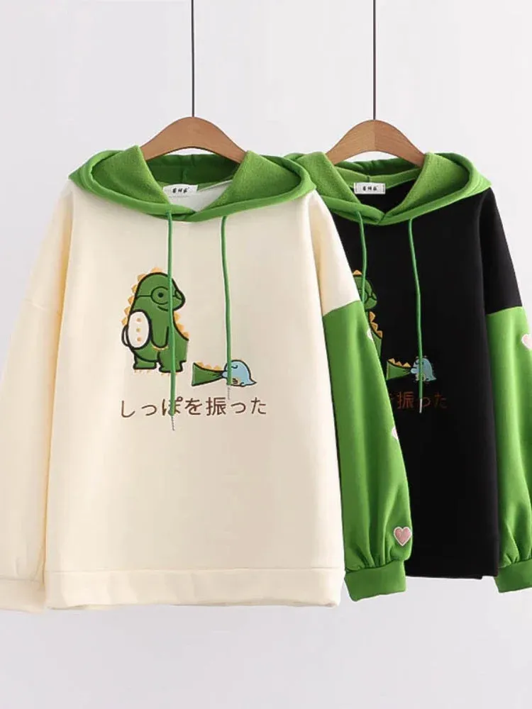 Metaversmall Harajuku Kawaii Hoodies Cartoon Dinosaur Print Casual Women Winter Warm Fleece Hooded Cotton Sweatshirt Teen Girls Cute Top