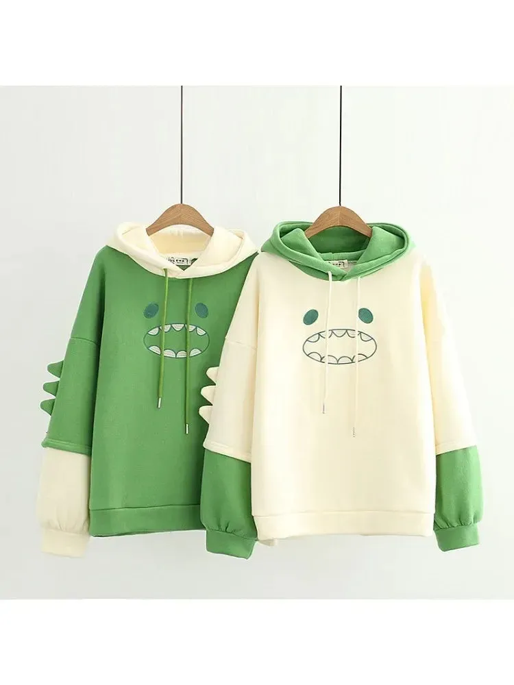 Metaversmall Harajuku Kawaii Hoodies Cartoon Dinosaur Print Casual Women Winter Warm Fleece Hooded Cotton Sweatshirt Teen Girls Cute Top