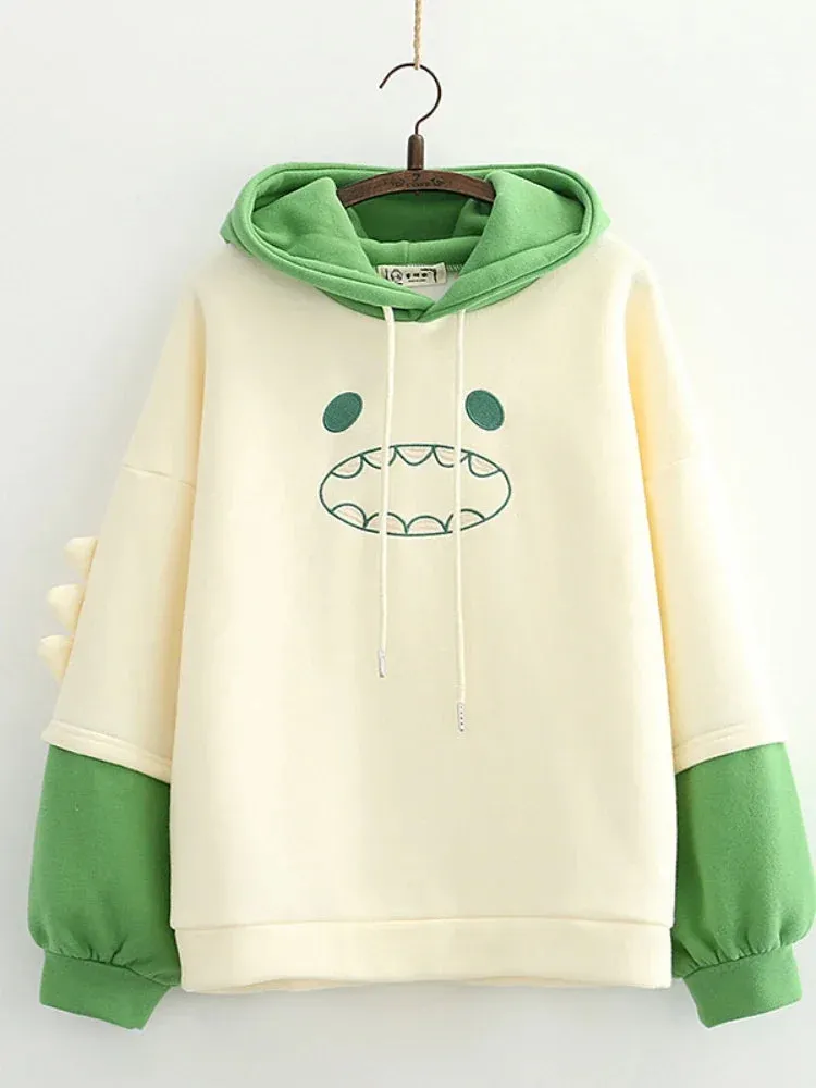 Metaversmall Harajuku Kawaii Hoodies Cartoon Dinosaur Print Casual Women Winter Warm Fleece Hooded Cotton Sweatshirt Teen Girls Cute Top