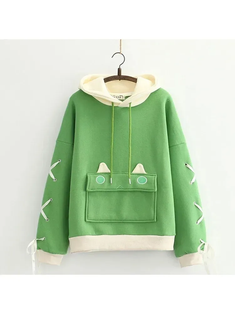 Metaversmall Harajuku Kawaii Hoodies Cartoon Dinosaur Print Casual Women Winter Warm Fleece Hooded Cotton Sweatshirt Teen Girls Cute Top