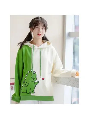 Metaversmall Harajuku Kawaii Hoodies Cartoon Dinosaur Print Casual Women Winter Warm Fleece Hooded Cotton Sweatshirt Teen Girls Cute Top