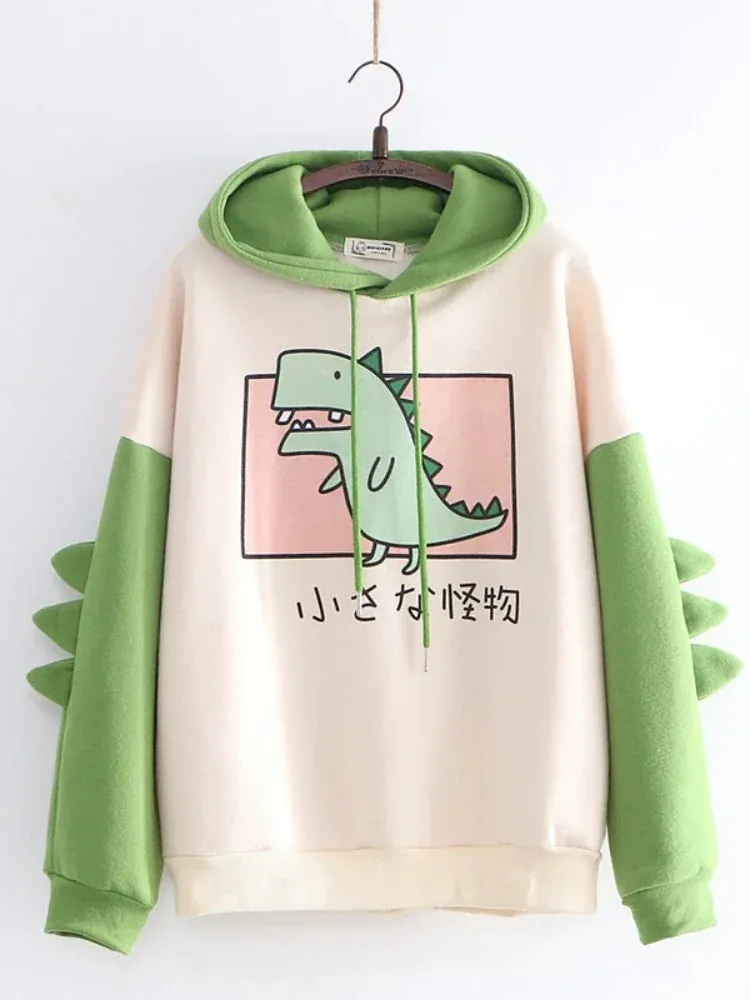 Metaversmall Harajuku Kawaii Hoodies Cartoon Dinosaur Print Casual Women Winter Warm Fleece Hooded Cotton Sweatshirt Teen Girls Cute Top