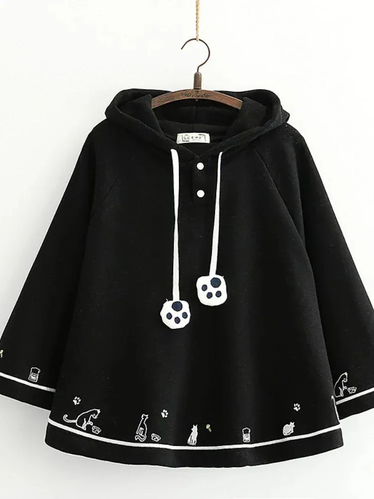 Metaversmall solid black cartoon cat print cute hoodies and hooded sweatshirts winter fleece thick batwing sleeve pullover Tracksuits