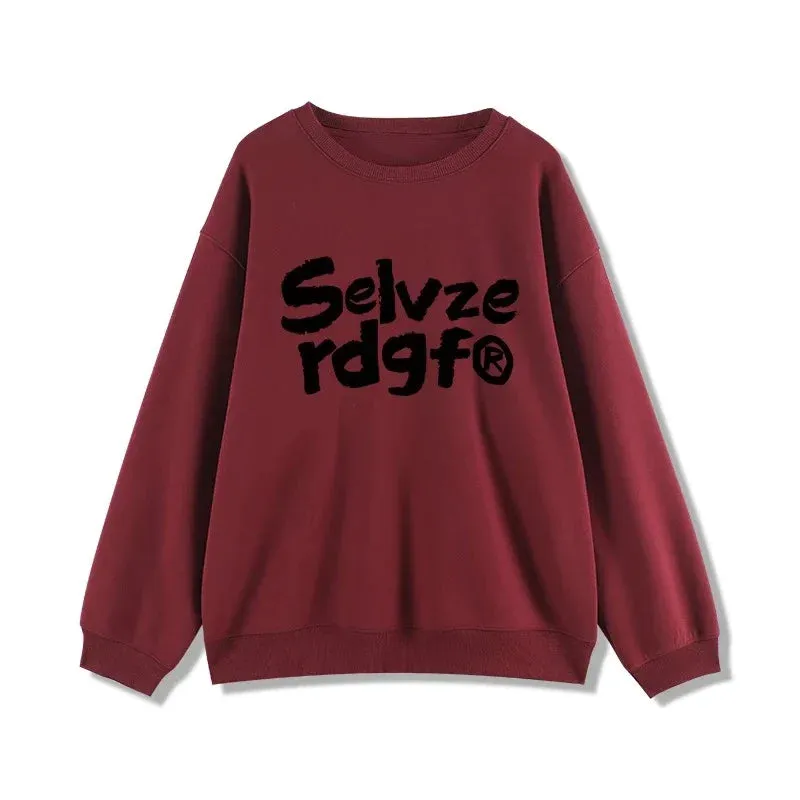 Metaversmall Winter Chic Letter Printing Loose Solid Color Female Hoodies Classic O-neck Simple 4-colors Casual Women Hoodies Wine Red