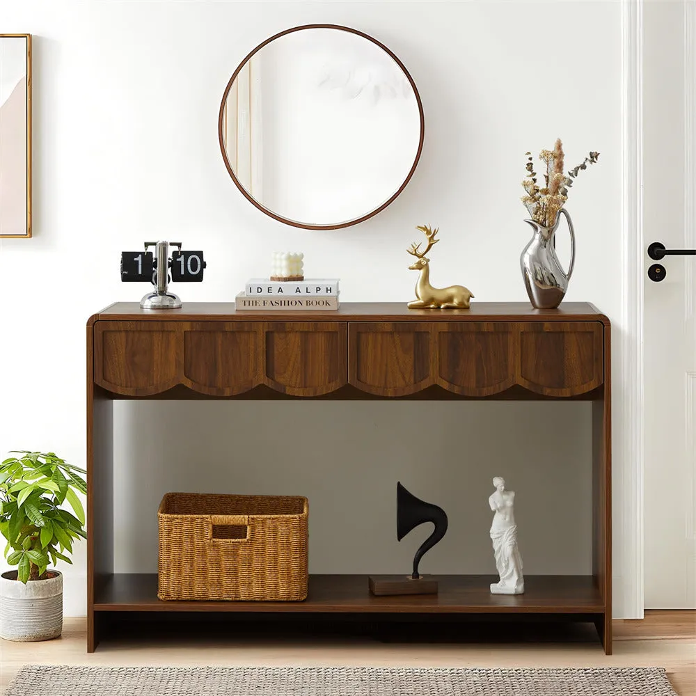 Mid-Century 47 Inches Narrow Entryway Console Table with Open Storage Shelves and Drawers