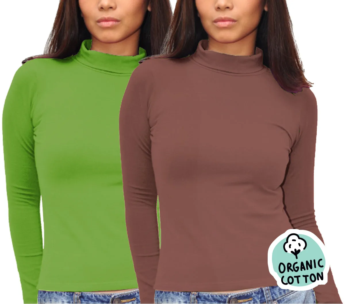 ORGANIC COTTON LONG SLEEVE TURTLE NECK TOP PACK OF 2 (BROWN&GREEN)