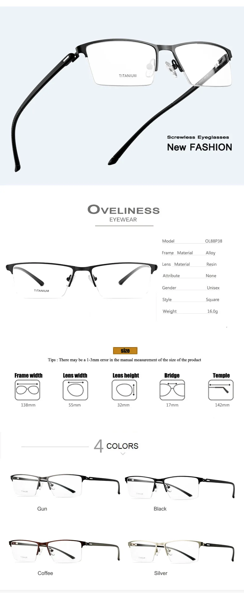 Oveliness Men's Semi Rim Square Titanium Alloy Eyeglasses 8838