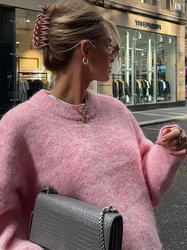 Pink Wool Cashmere Thicken Casual Loose Knitted Sweater Pullovers Women 2024 Autumn O Neck Long Sleeve Sweaters Lady Streetwear