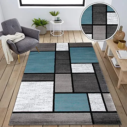 Rugshop Contemporary Modern Boxes Easy-Cleaning for Home Office,Living Room,Bedroom,Kitchen Non Shedding Area Rug 5' 3" X 7' 3" Blue/Gray