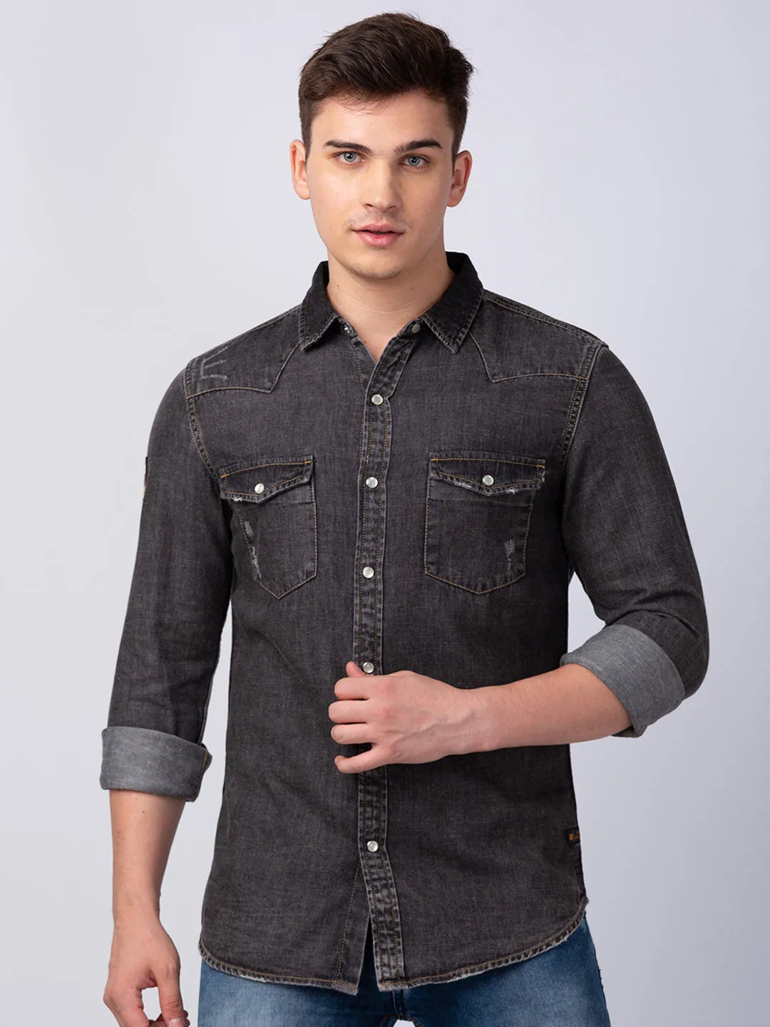 Spykar Men Black Cotton Slim Fit Denim Shirt