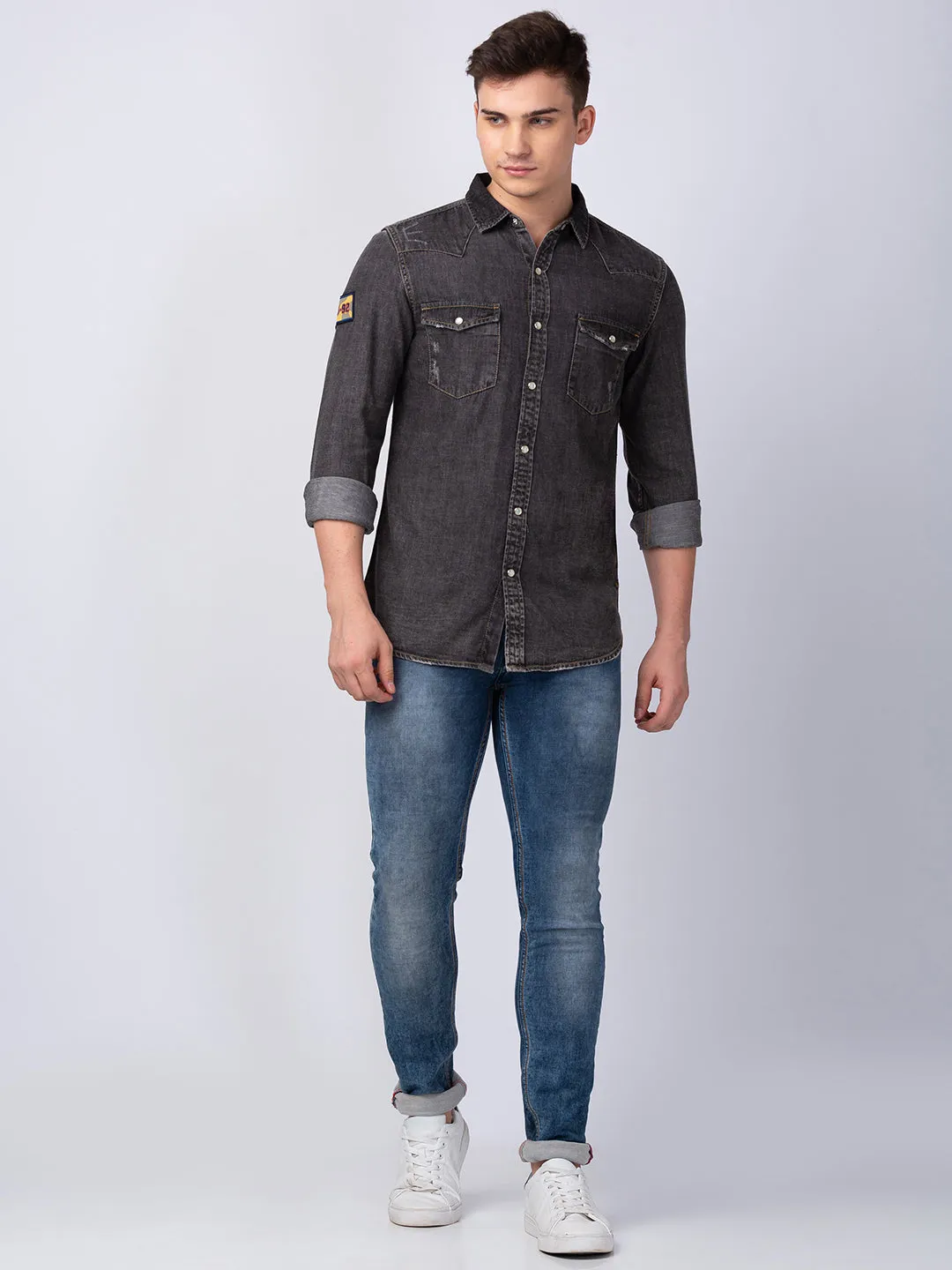 Spykar Men Black Cotton Slim Fit Denim Shirt