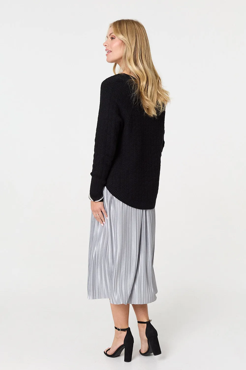 Textured V-Neck Relaxed Curve Hem Jumper