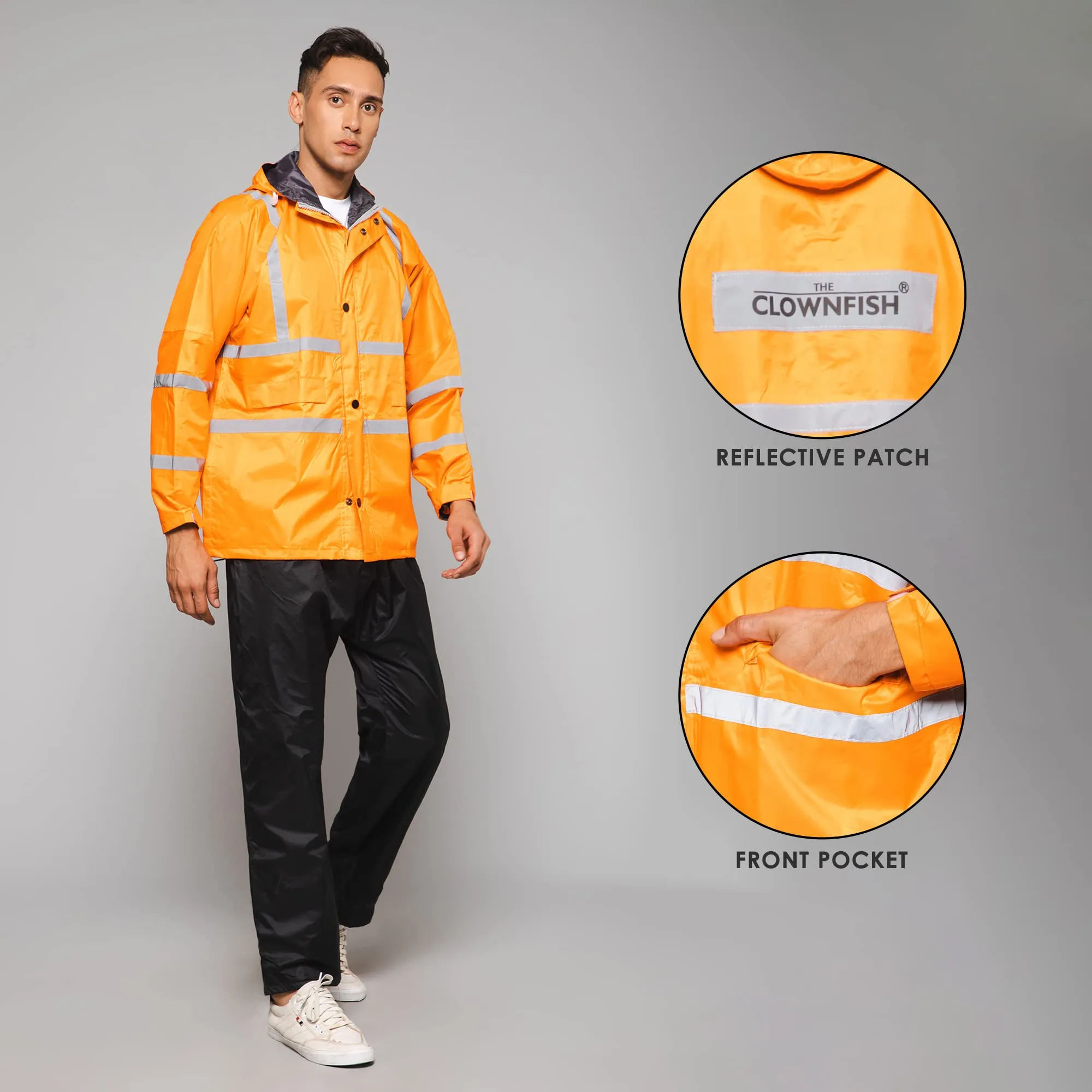 THE CLOWNFISH Leroy Series Rain Coat for Men Waterproof for Bike Raincoat for Men with Hood. Set of Orange Jacket with Black Trouser (XXX-Large)