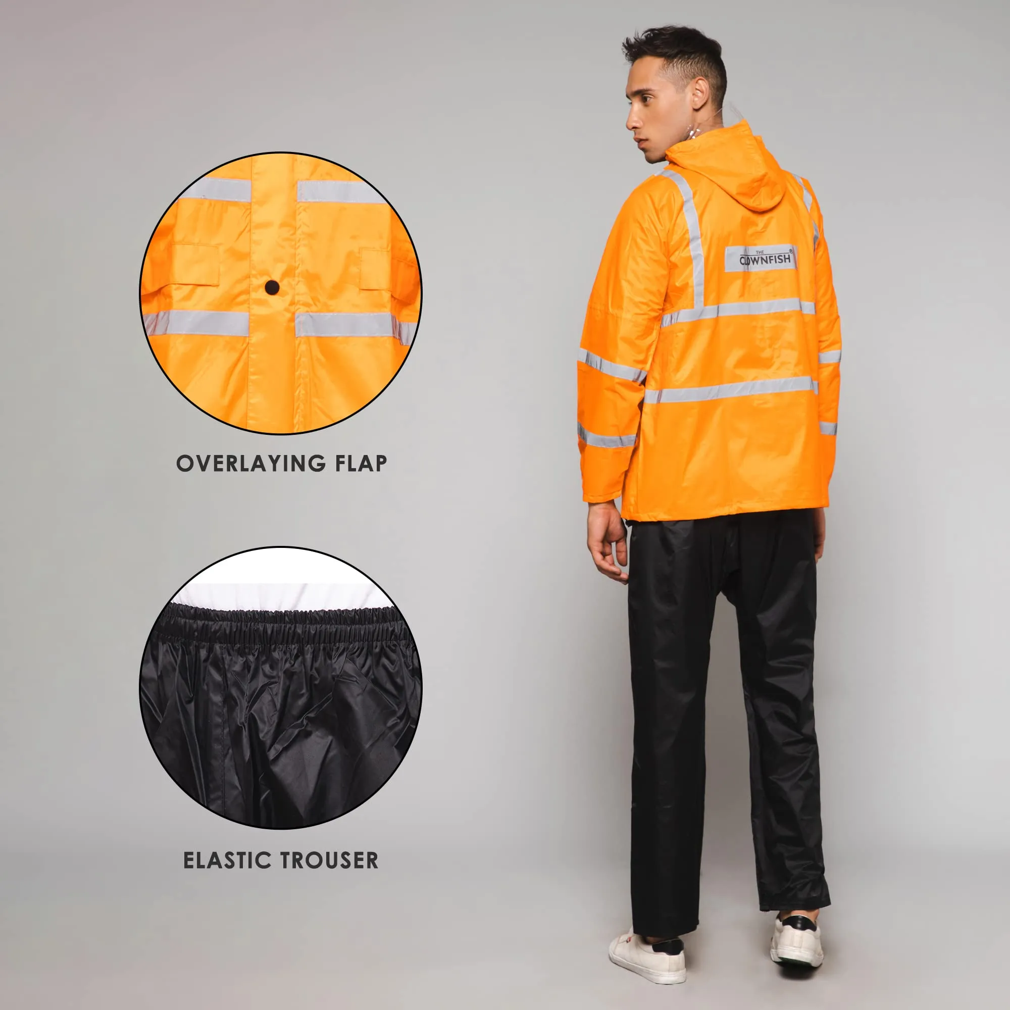 THE CLOWNFISH Leroy Series Rain Coat for Men Waterproof for Bike Raincoat for Men with Hood. Set of Orange Jacket with Black Trouser (XXX-Large)