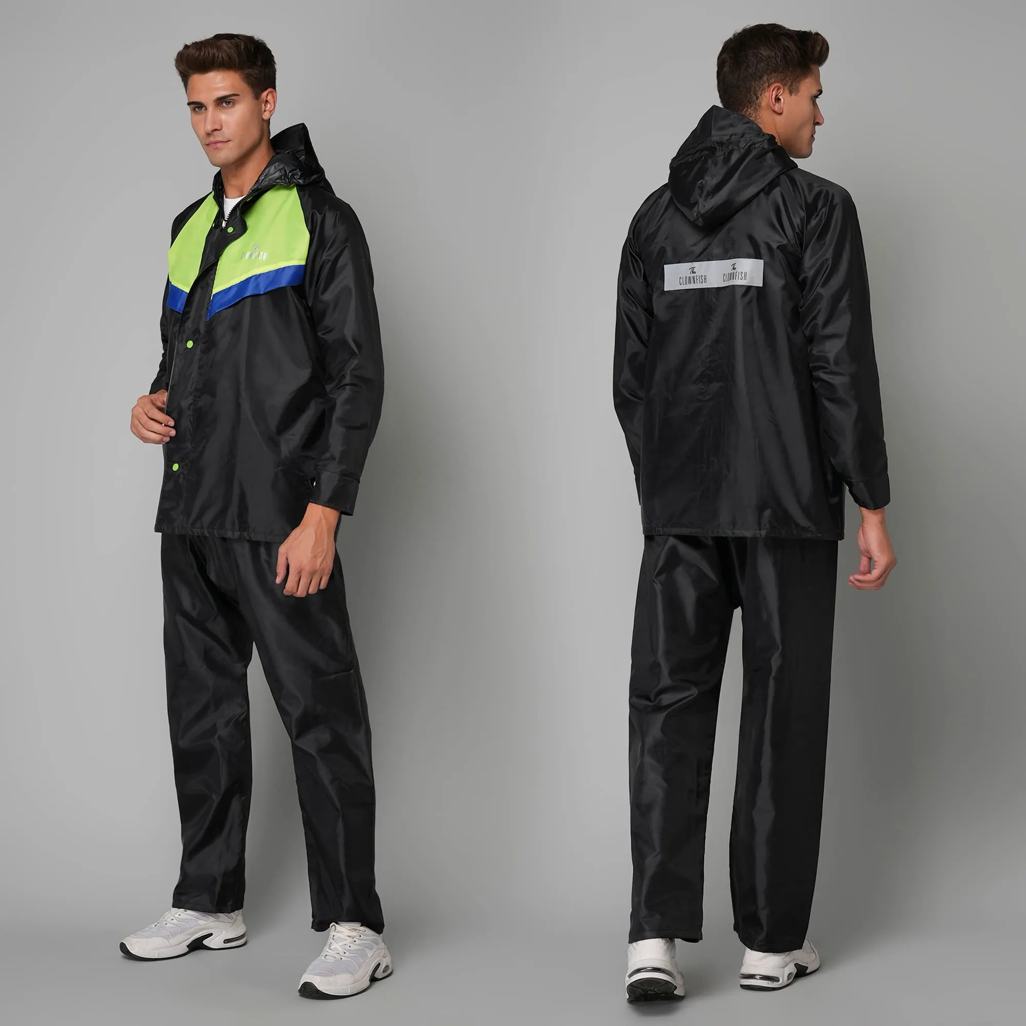 THE CLOWNFISH Sky Pro Series Men's Waterproof Polyester Double Coating Standard Length Raincoat With Hood And Reflector Logo At Back. Set Of Relaxed Fit Top And Bottom (Black, X_Large)