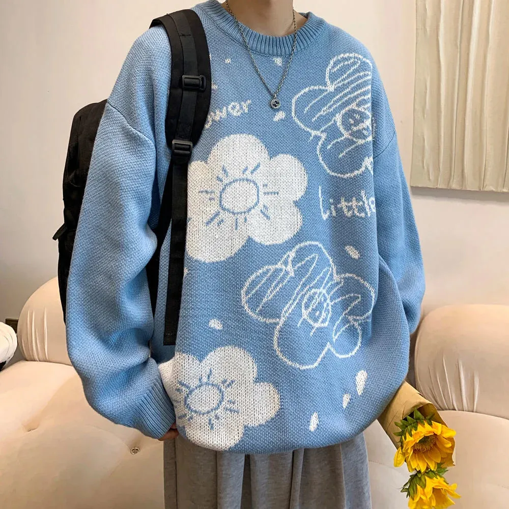 WIAOFELLAS -  Winter Men's College Style Coats Long Sleeve Flowers Printing Wool Sweaters 2 Color Pullover Homme Casual Knitting M-5XL